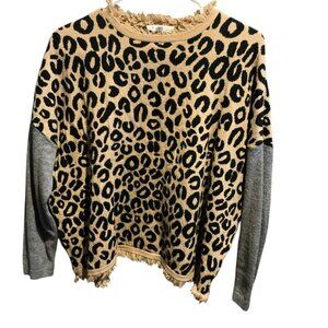 THML- Women’s Leopard Print Sweater w/ Gray Contrast Sleeves Fringe, Size Small